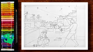 Flying Kites Scenery Drawing | Makar Sankranti Drawing | Makar Sankranti Festival Drawing