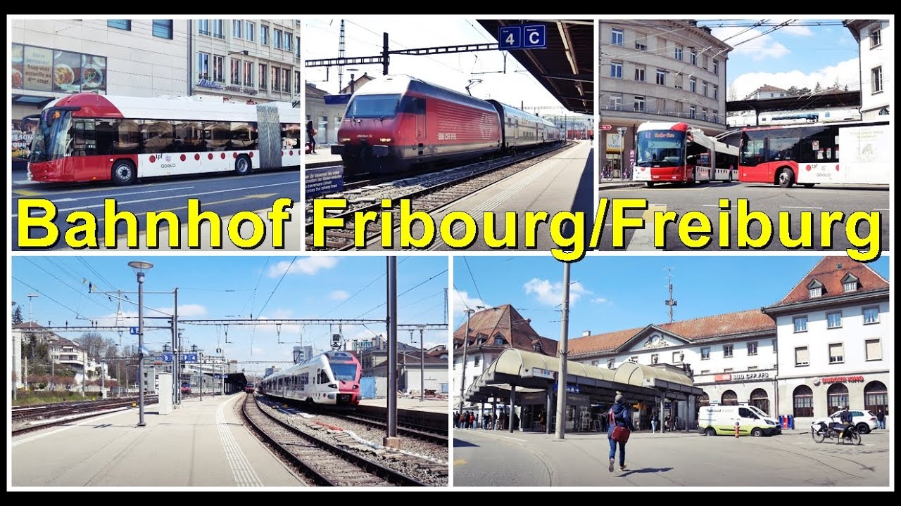 Züge Und Busse Beim Bahnhof Fribourg/Freiburg, Kanton Freiburg, Schweiz ...