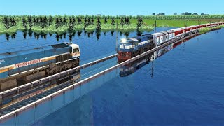 2 TRAINS RUNNING ON WATER RIVER RAILWAY TRACK | TRAINS VS FOUNTAIN PIT GIANT LAKE RAILROAD | TRAIN