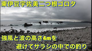 東伊豆宇佐美二つ根手前のゴロタ強風と波の高さ4mを避けてサラシの中での釣り