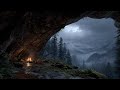 ⛈️ Distant Thunder by the Fire 🔥 | Rolling Thunder, Cave Drips & Crackling Fire | 3-Hour ASMR