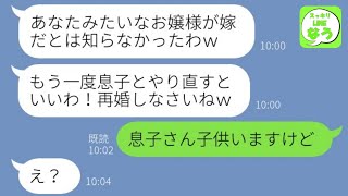 【LINE】勝手に離婚届を出したクズ姑が私の実家の正体を知った途端に復縁要請「再婚を認めるわw」→自分勝手すぎる手のひら返し女に衝撃の事実を伝えてやった時の反応が…w