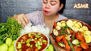 Eating Sambal Squid Pete, Spicy Eggplant Slices, Fresh Vegetables, raw jengkol Mukbang