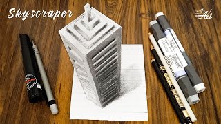 drawing 3d skyscraper on line paper  / how to draw a big building illusion