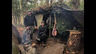 SURVIVAL IN EPIC BUNKBED SHELTER - Epic Deer Leg FEAST cooked in a ground oven