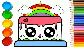 HOW TO DRAW A RAINBOW CAKE EASY STEP BY STEP | BIRTHDAY CAKE DRAWING FOR KIDS | CUTE CAKE 🎂🌈 #draw