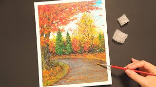 How to draw [Autumn leaves road] with acrylic paint/Maple/Simple painting for beginners/Step by step