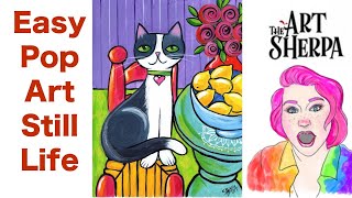 Easy Cat with Lemons Pop art style Still life Acrylic tutorial  live stream  | TheArtSherpa