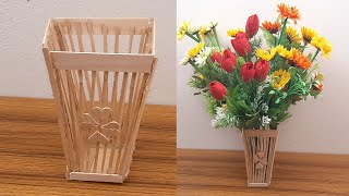 DIY Popsicle stick flower vase making idea (step by step video tutorial ) #Dian Crafts#Flower vase