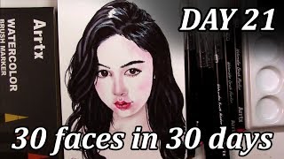 30 FACES in 30 DAYS // Art challenge // Day 21: portrait with Arrtx watercolor brush markers demo