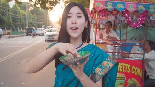 Korean explore Guwahati street food in Assam Northeast India with Indian Outfit