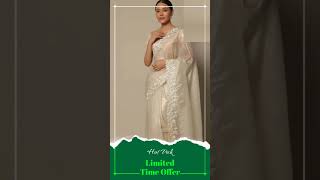 White And Off White Tissue Satin Saree With Floral Motif Thread Work