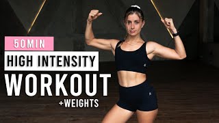 50 MIN INTENSE FULL BODY HIIT WORKOUT | With Dumbbells, No Repeats, At Home