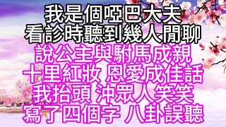 我是個啞巴大夫，看診時，聽到幾人閒聊說，公主與駙馬成親，十里紅妝，恩愛成佳話，我抬頭，沖眾人笑笑，寫了四個字，八卦誤聽