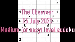 Sudoku solution – The Observer sudoku 16 July 2023 Medium level