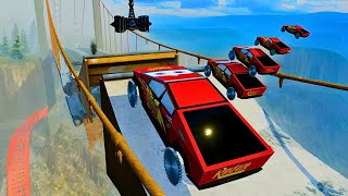 LIVE Big \u0026 Small Cyber Truck Tesla Lightning McQueen vs. Ramps on the Bridge  BeamNG drive