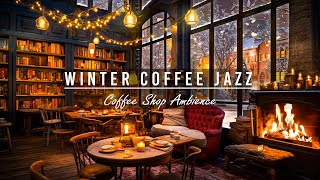 Snowy Winter Ambience with Relaxing Instrumental Jazz Music & Crackling Fireplace for Study, Sleep