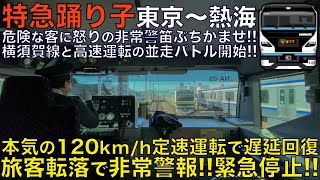 【超広角前面展望】非常ボタン作動で緊急停止！120km/h定速運転！非常警笛連発！E257系2000番台 特急 踊り子3号 東京～熱海【Japanese Train driver’s Cabview】