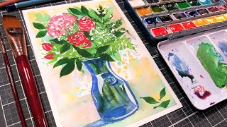 Paint With Me! Red, White & Blue Bouquet in Watercolor Real Time Art Lesson