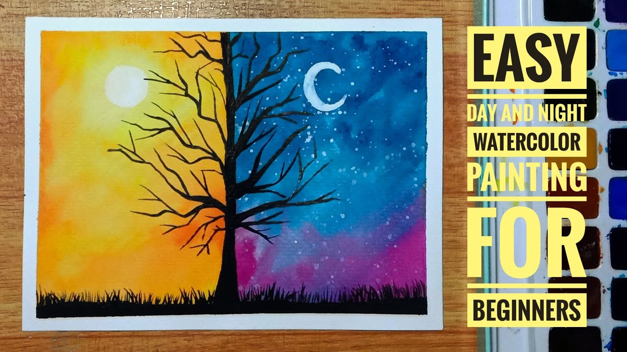 Easy Day And Night Watercolor Painting For Beginners Step By Step