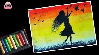Girl with Butterfly Scenery Drawing with Oil Pastels - Step by Step || drawing for beginners