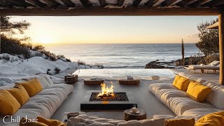 Morning Winter Oceanfront Ambience with Cozy Jazz Music, Fireplace & Gentle Snowfalling🌊❄️🔥