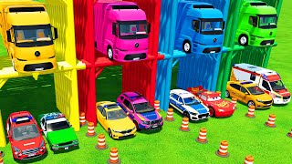 TRANSPORTING ALL POLICE CARS and AMBULANCE EMERGENCY OF COLORS! WITH MERCEDES ELECTRIC TRUCKS ! FS22