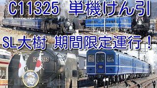 【東武ＳＬ大樹 C11325 単機けん引 期間限定運行！】本日、日章旗を掲出し DE10の補機無し運転。14系客車 推進運転シーンあり