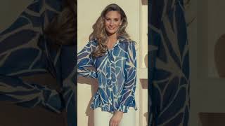 Frank Lyman Blue/Off-White Abstract Print Blouse. Style 241352U