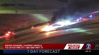 Fiery crash on I-480 leaves driver seriously injured
