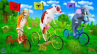 Elephant, Cow and Tiger's Funny Tri-Cycle Race - Funny Animals 3D Cartoons | Animal Games