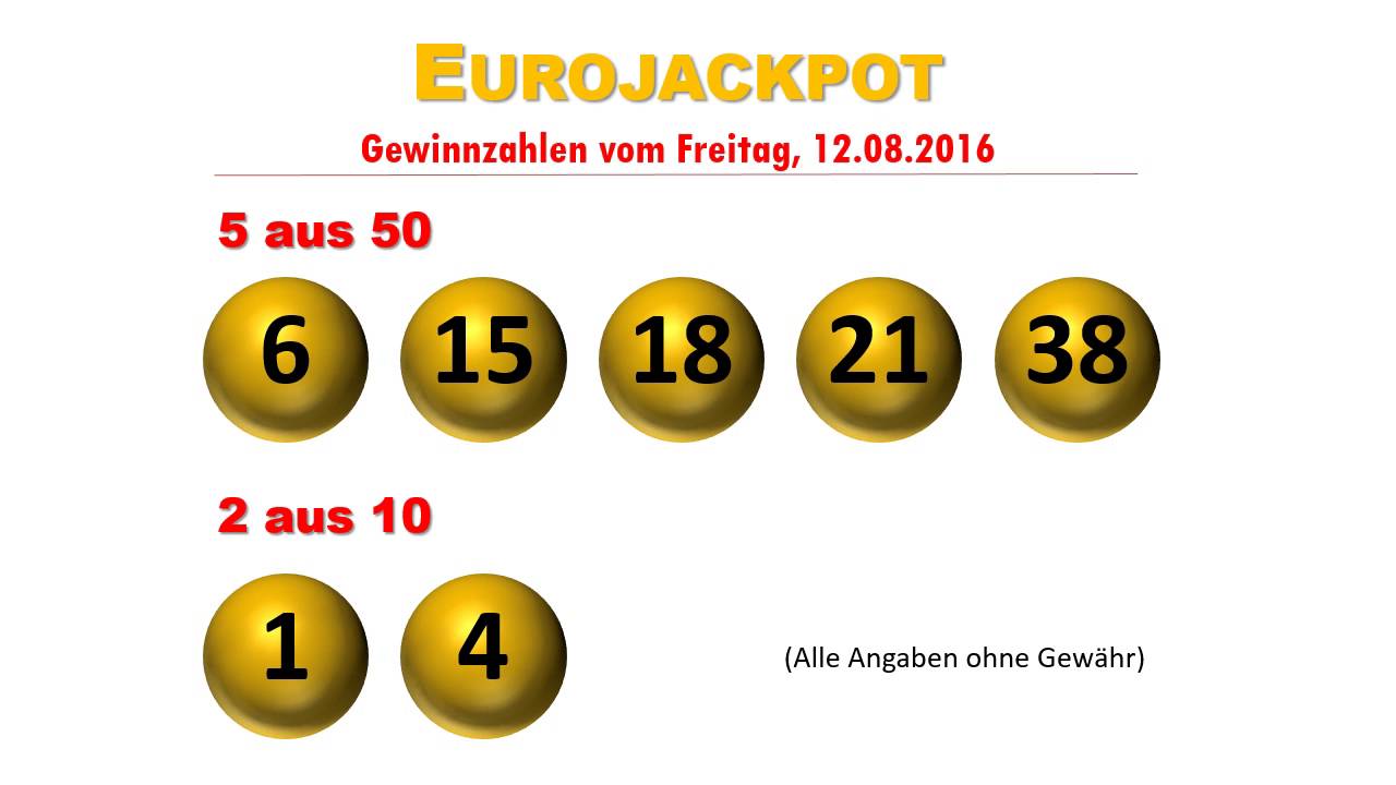 Eurojackpot Eurolotto Zahlen Ziehung Vom 12.08.2016, Jackpot Nicht ...