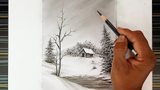 How to draw winter season snowy simple landscape by pencil.