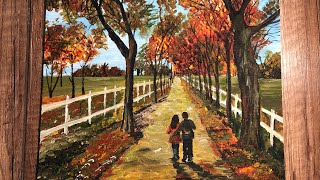 Simple Acrylic Tutorial / Step-by-step Painting#1/Drawing a Couple Walking In Autumn /Country Road