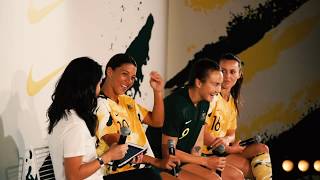 Sam Kerr, Caitlin Foord and Hayley Raso on the Westfield Matildas Women's World Cup Kit