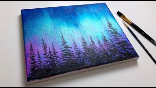Acrylic Painting For Beginners | Northern Lights Forest | Aurora Acrylic Tutorial