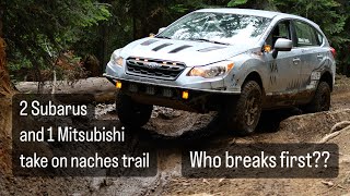 2 Subarus and a Mitsubishi take on Naches trail!! Or at least most of it!!