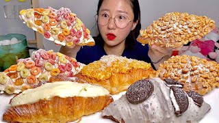 Knotted doughnut Various croissants Eating Show. Dessert Mukbang