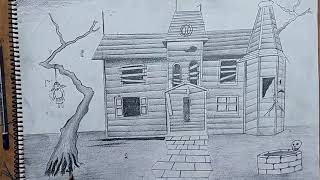 how to draw a haunted house easy I how to draw a haunted house with pencil I pencil ghost house