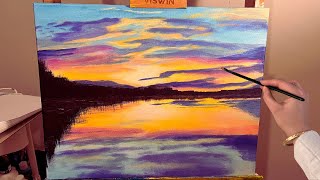 How to Paint Lake Sunset 💜💙💛🧡 Relaxing Acrylic Painting | Lofi Chill