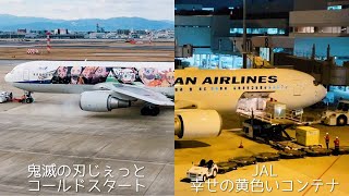 福岡空港✈️鬼滅の刃じぇっと コールドスタート｜JAL 幸せの黄色いコンテナ｜Fukuoka Airport