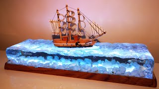 Epoxy Resin and Wood Night Lamp /  Ship Diorama  - Resin Art