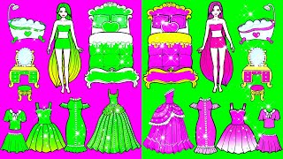 Paper Dolls Dress Up - Pink vs Green Challenge Adorable Sister Handmade Quiet Book - Barbie New Home