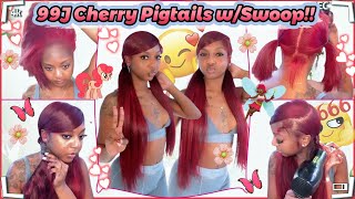 🍒Burgundy Hair: Sleek Double Ponytails w/Weave! Red Swoop Pigtails | #Elfinhair Review