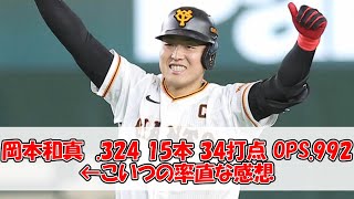 岡本和真　.324 15本 34打点 OPS.992←こいつの率直な感想【なんJ反応】