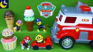 Paw Patrol Ultimate Rescue Fire Truck Fireman Pups Get Surprise Desert Ice Cream Cones Toys Video