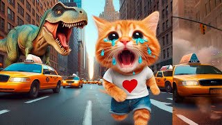 😱 Dinosaur Attacks Cute Cat! Terrified Kitty's Close Call 🐾 #cat #funny #cutecat #aicat