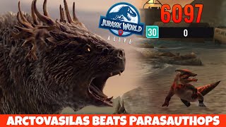 Arctovasilas defeats Parasauthops on Nublar Shores (Jurassic World Alive 2.12)