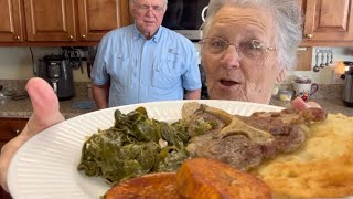 Pork Steak, Collards, Sweet Potato ..Low Glycemic Load.  Good ole country Eatin k