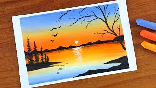 Simple Oil pastel Sunset Landscape Painting for beginners | Oil Pastel Drawing